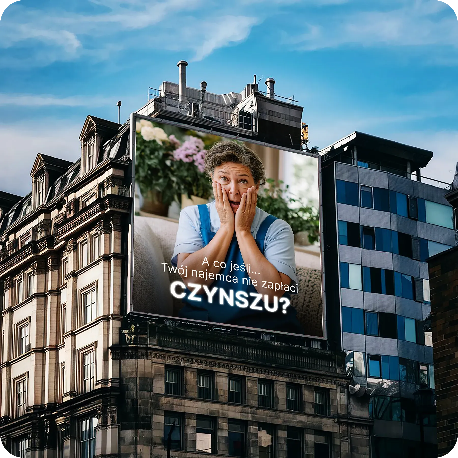 Billboard reklamowy dotyczący ochrony czynszu najmu na tle miejskich budynków